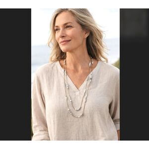 J Jill Long Beaded Necklace Silver Tone Layered Cord Adjustable Boho Coastal NWT